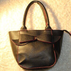 Mainstreet Collection MSC Black Pebbled Faux Leather Tote Bag Bow Pink VEGAN